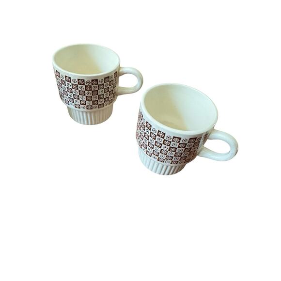 MCM Brown Checkered Daisy VTG 4 Stackable Mugs USA Made McCoy (?) READ NOTE - Picture 3 of 8